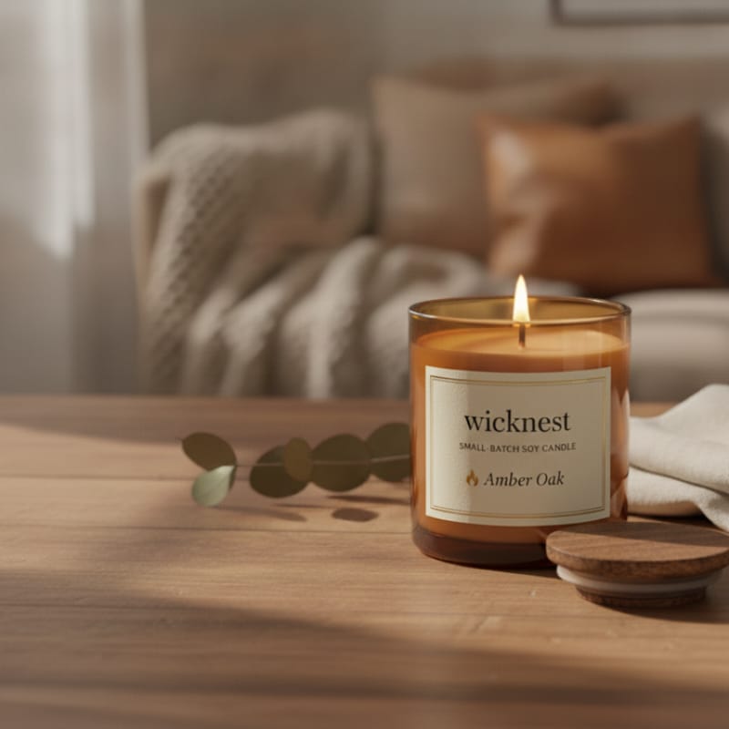 A lit Wicknest Amber Oak candle in an amber glass jar on a wooden table