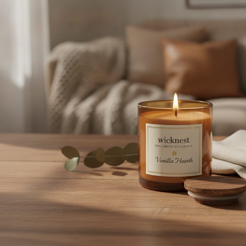Wicknest Vanilla Hearth candle glowing beside a knit throw